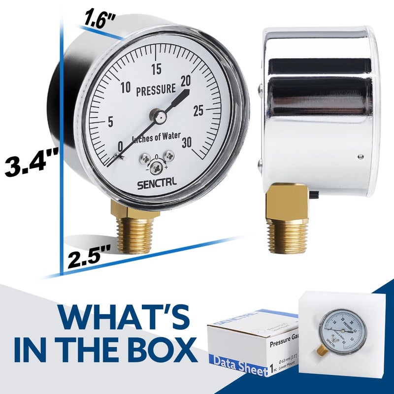 senctrl 0-30 Inches of Water Column Gauge, Low Pressure Capsule Gauge, 2-1/2" Dial Size, 1/4" NPT Lower Mount, Zero Adjustment, for Air Water Gas Pressure Test - Image 5